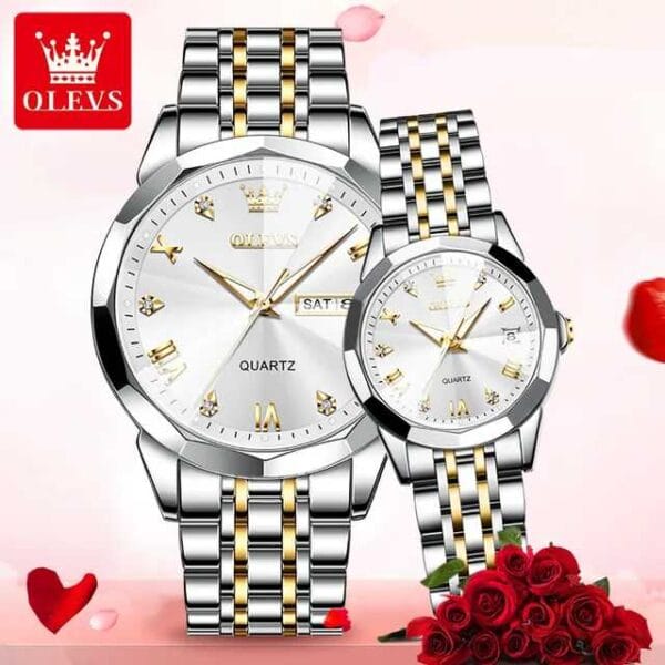 Olevs 9931 Couple Watch - Silver Gold & White